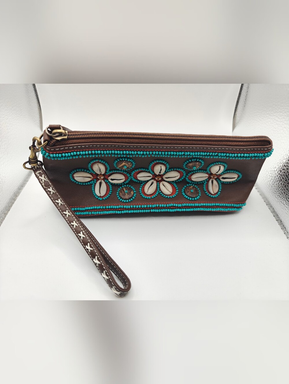 Isabella Fiore Brown & Turquoise Beaded Floral Zip Wristlet Wallet